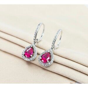 925 Sterling Silver Rhodium Plated Synthetic Ruby Lever Back Dangle Earrings